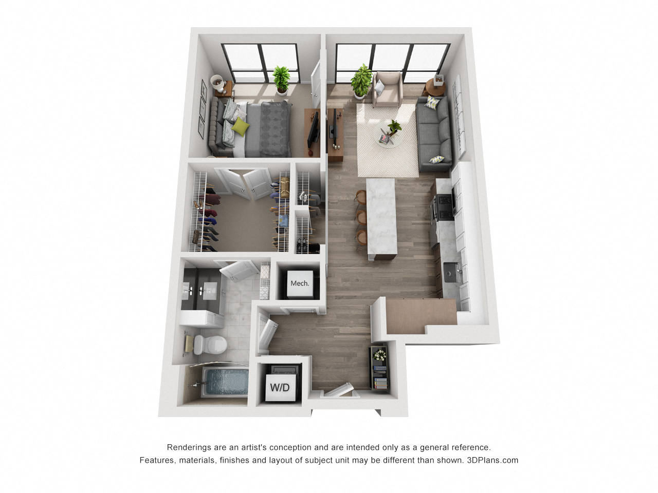 Floor plan for 1 bed, 1 bath, 704 sqft